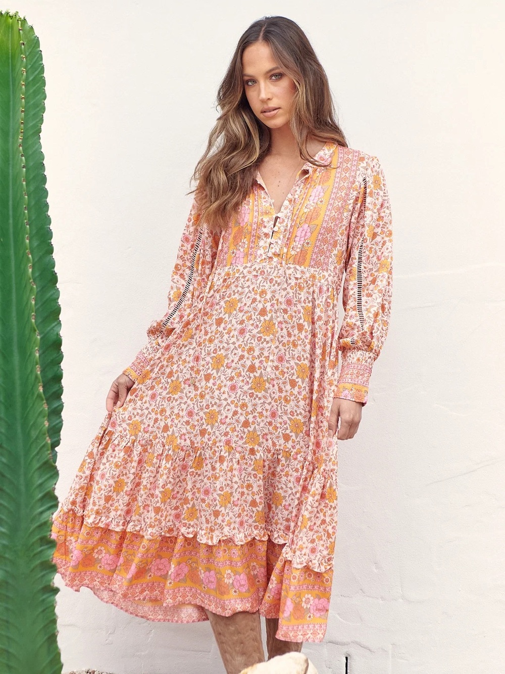 boho prairiecore sorbet sunset midi dress tiered breezy gown loose fit